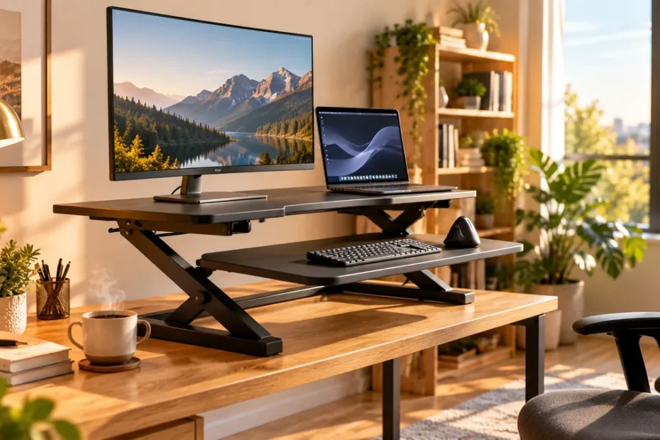 What is a riser desk shown raised to standing height on a wooden office desk with monitor and keyboard tray