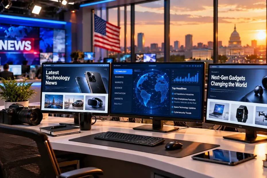 TechNewsOutlets.com USA digital newsroom with monitors showing breaking American technology news coverage