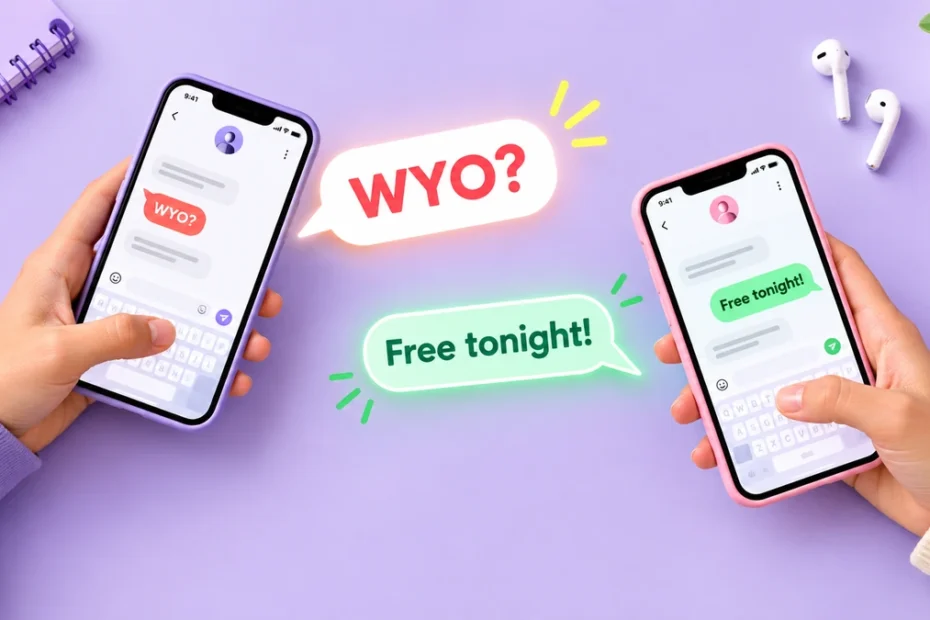 Two smartphones displaying a WYO text conversation showing the wyo meaning in text slang definition